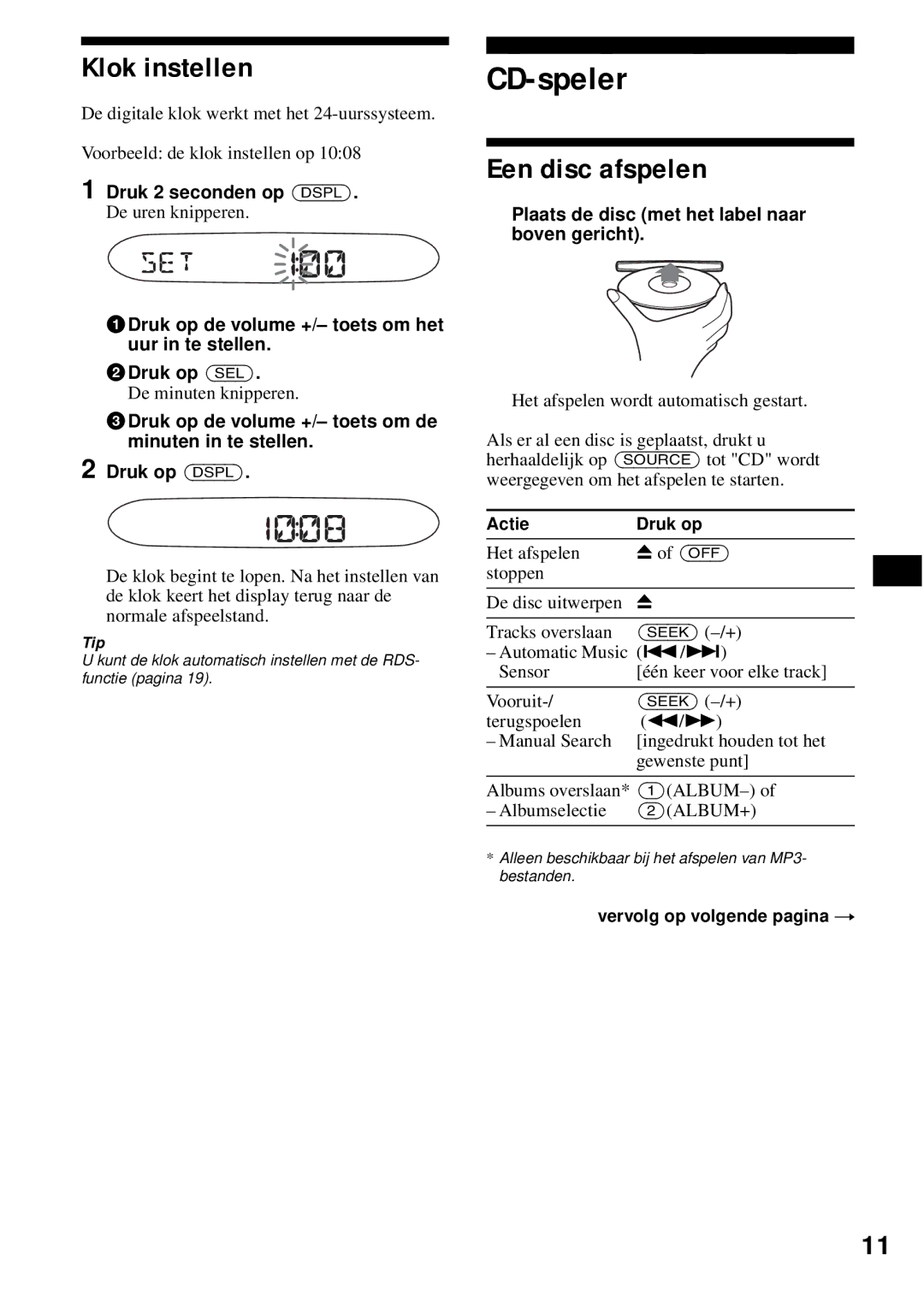 Sony CDX-S2200 operating instructions CD-speler, Klok instellen, Een disc afspelen 