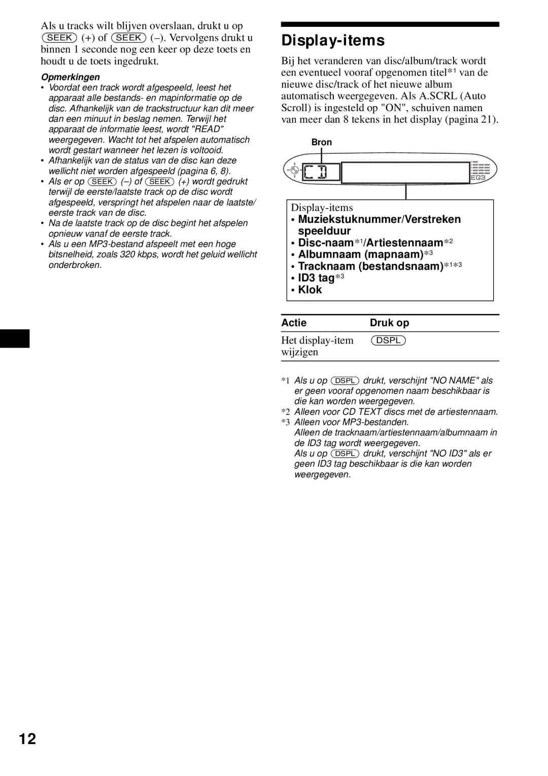 Sony CDX-S2200 operating instructions Display-items, Het display-item, Wijzigen 