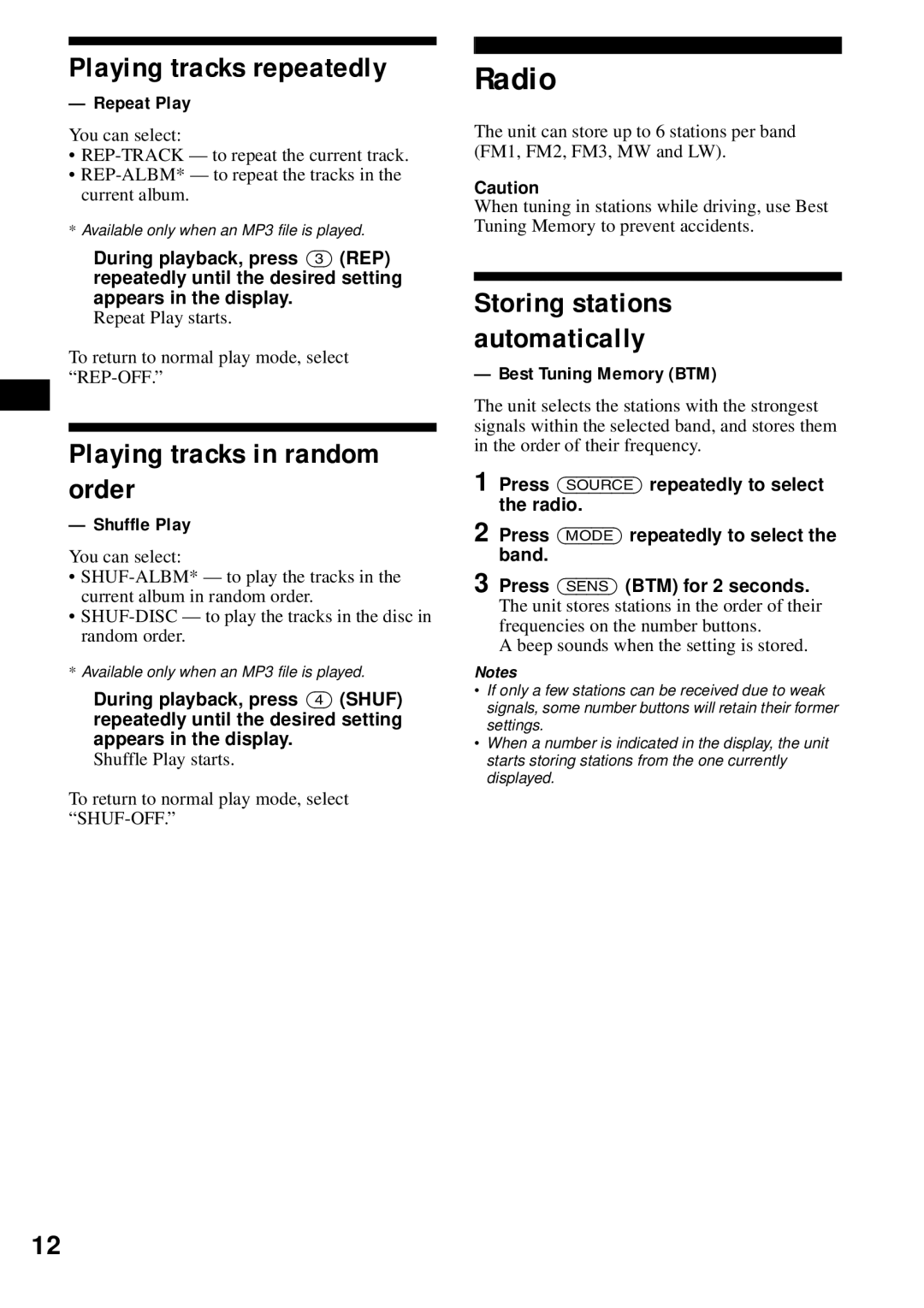 Sony CDX-S2200 operating instructions Radio, Playing tracks repeatedly, Playing tracks in random order 