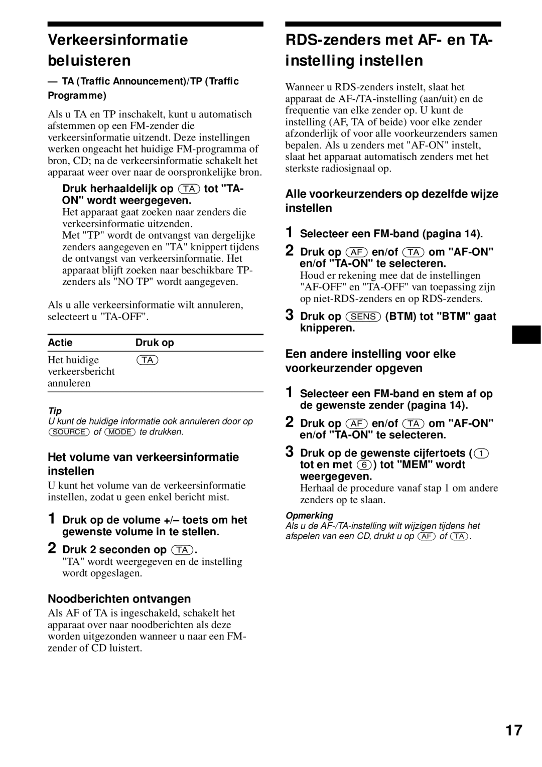 Sony CDX-S2200 operating instructions RDS-zenders met AF- en TA- instelling instellen, Verkeersinformatie beluisteren 