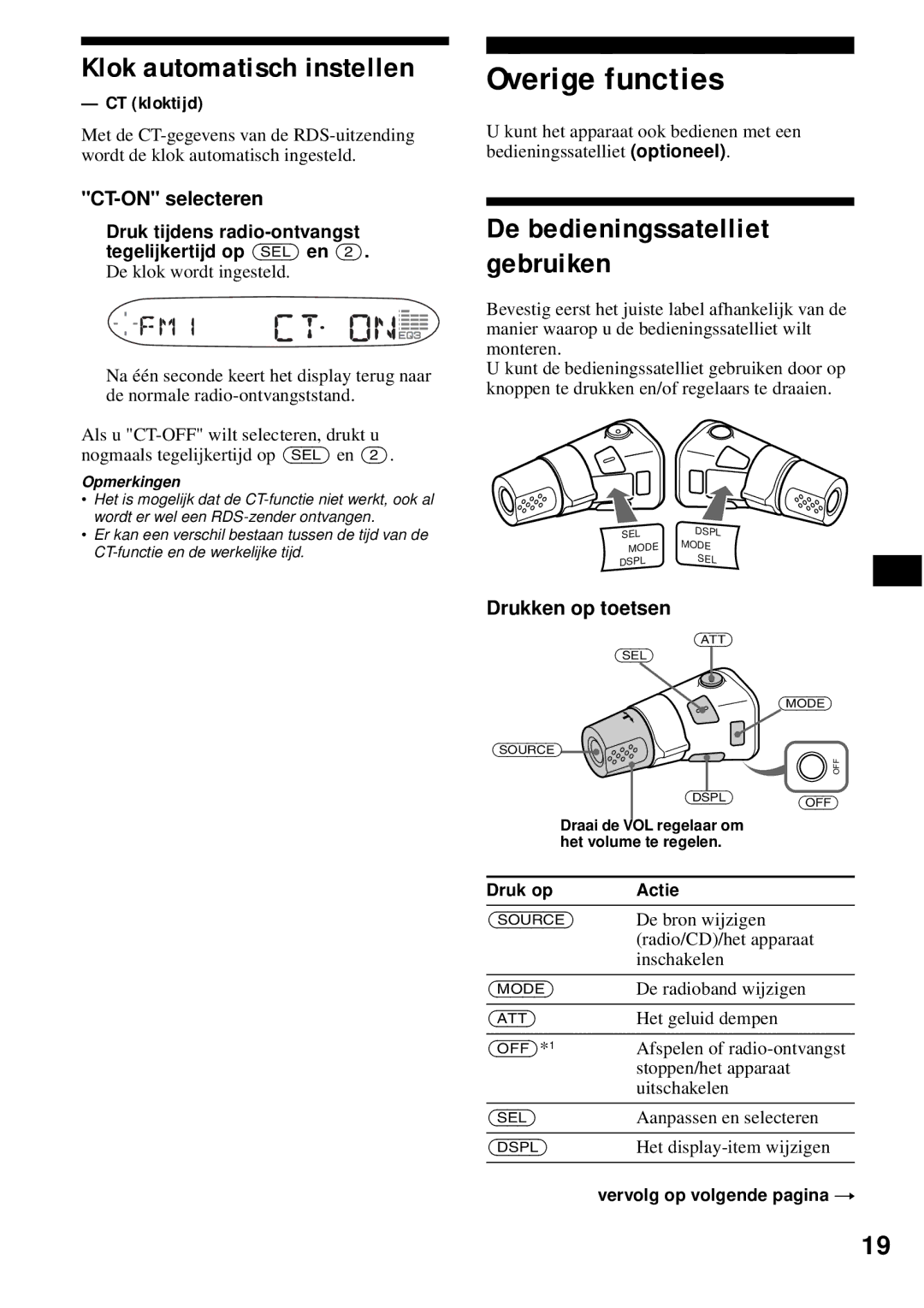 Sony CDX-S2200 operating instructions Overige functies, Klok automatisch instellen, De bedieningssatelliet gebruiken 