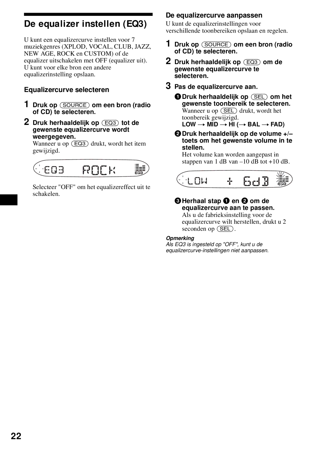 Sony CDX-S2200 operating instructions De equalizer instellen EQ3, Equalizercurve selecteren, De equalizercurve aanpassen 