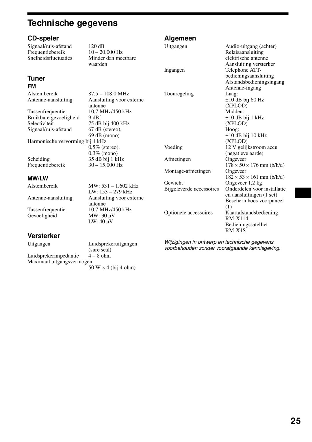 Sony CDX-S2200 operating instructions Technische gegevens, CD-speler, Versterker, Algemeen 