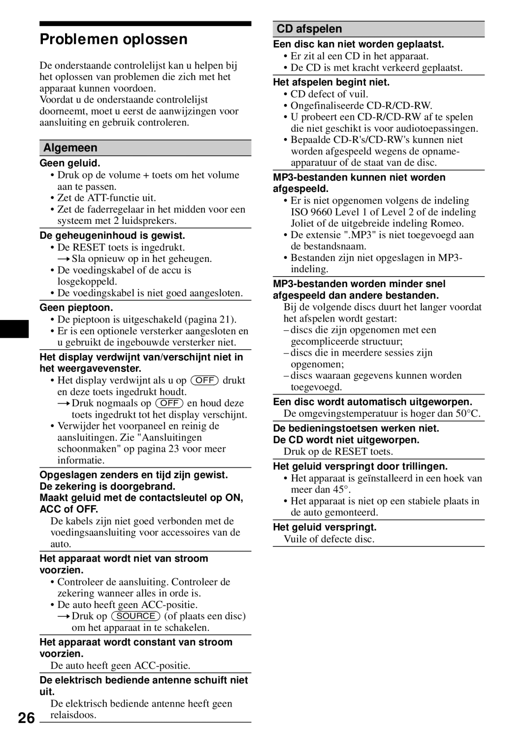 Sony CDX-S2200 operating instructions Problemen oplossen, CD afspelen 