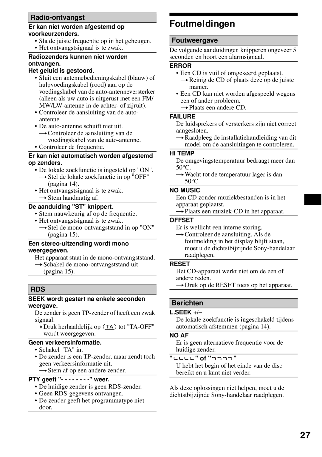 Sony CDX-S2200 operating instructions Foutmeldingen, Radio-ontvangst, Foutweergave, Berichten 