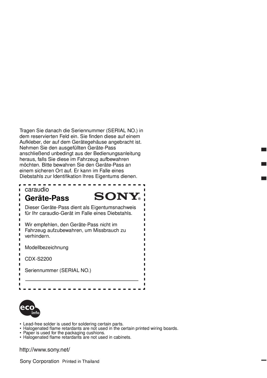 Sony CDX-S2200 operating instructions Geräte-Pass 