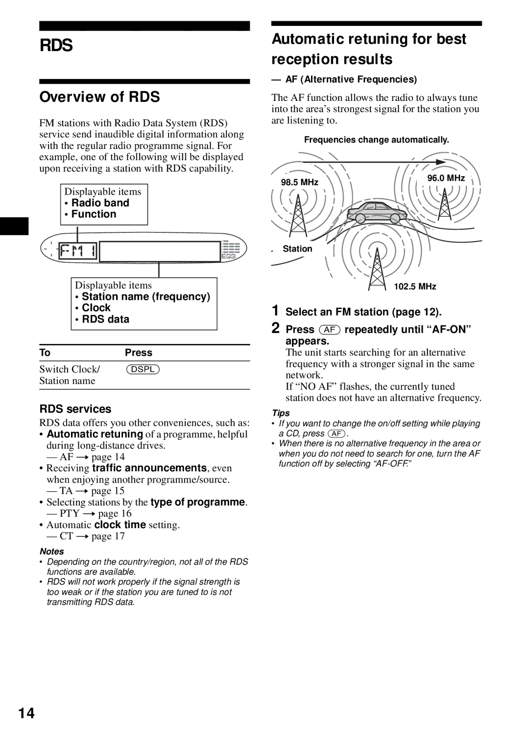 Sony CDX-S2200 Overview of RDS, Automatic retuning for best reception results, RDS services, AF Alternative Frequencies 