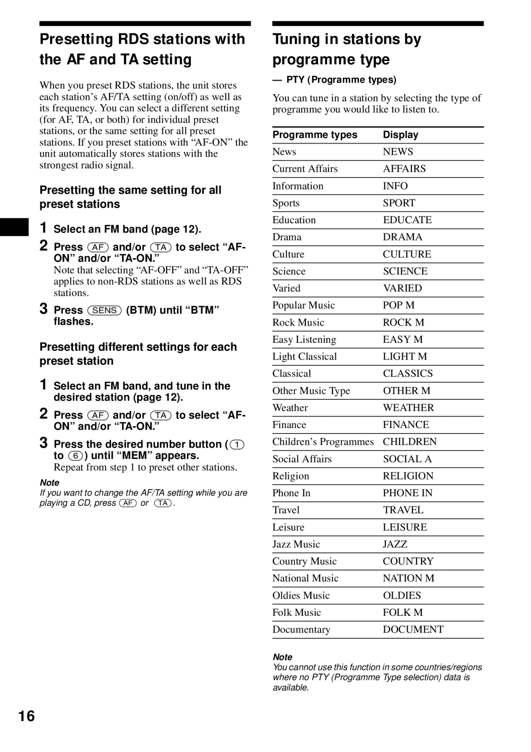 Sony CDX-S2200 Presetting RDS stations with the AF and TA setting, Tuning in stations by programme type 