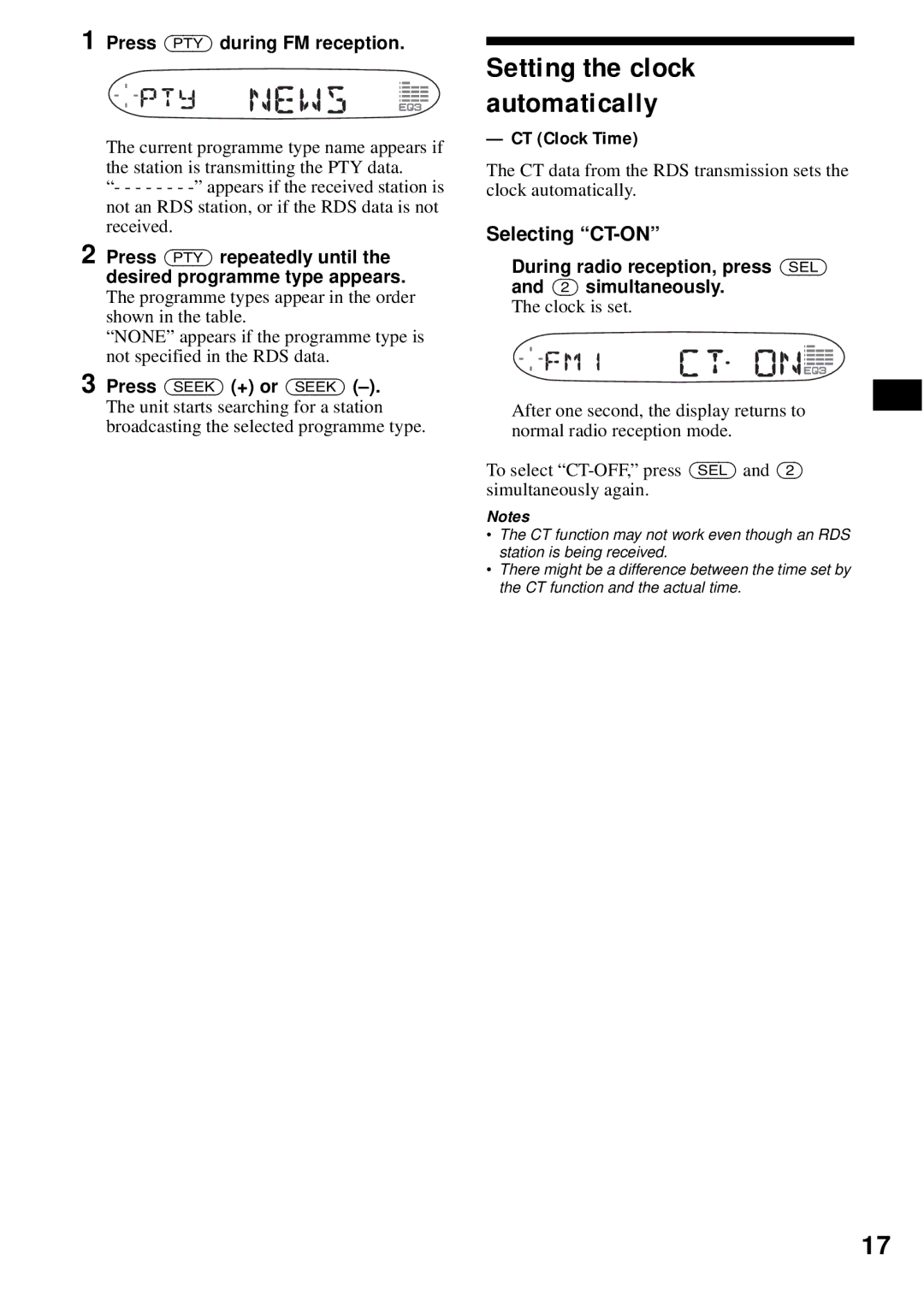 Sony CDX-S2200 operating instructions CT Clock Time, Selecting CT-ON, Press PTY during FM reception 