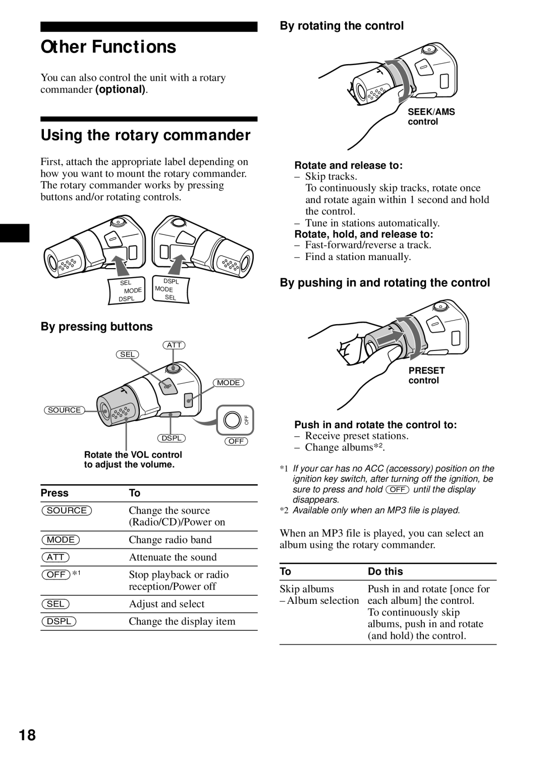 Sony CDX-S2200 Other Functions, Using the rotary commander, By pressing buttons, By rotating the control 