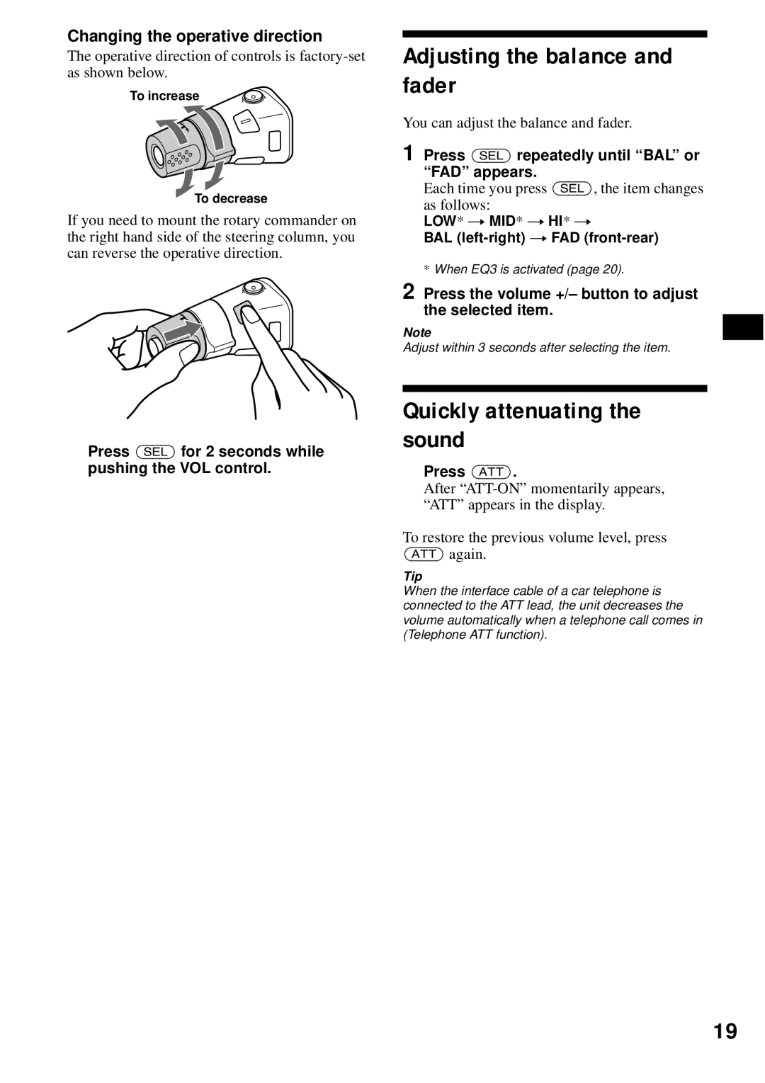 Sony CDX-S2200 Adjusting the balance and fader, Quickly attenuating the sound, Changing the operative direction 