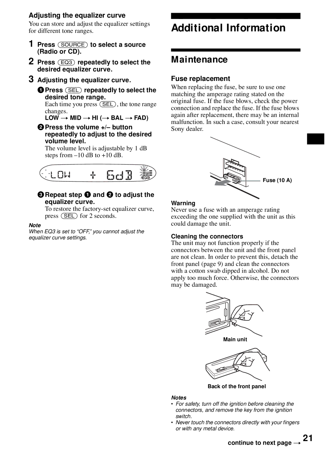 Sony CDX-S2200 operating instructions Additional Information, Maintenance, Adjusting the equalizer curve, Fuse replacement 