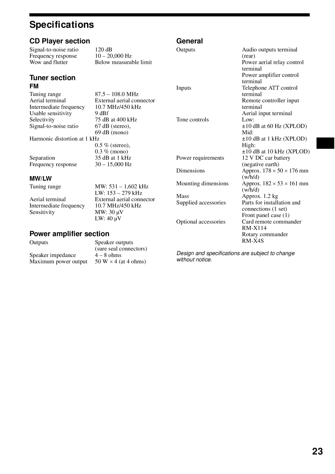 Sony CDX-S2200 operating instructions Specifications, CD Player section, Tuner section, Power amplifier section, General 