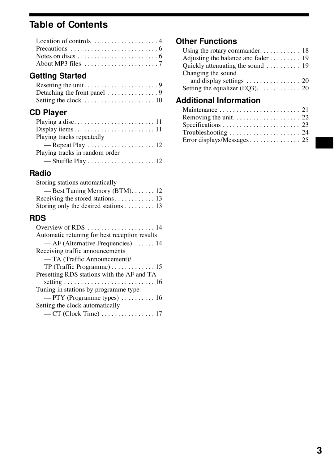 Sony CDX-S2200 operating instructions Table of Contents 