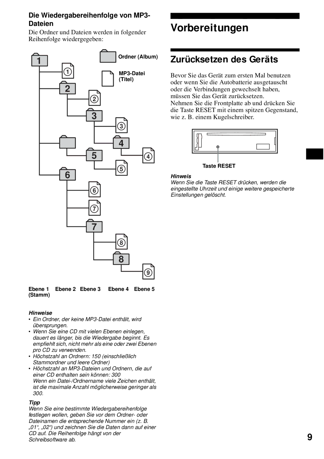 Sony CDX-S2200 operating instructions Vorbereitungen, Zurücksetzen des Geräts, Die Wiedergabereihenfolge von MP3- Dateien 