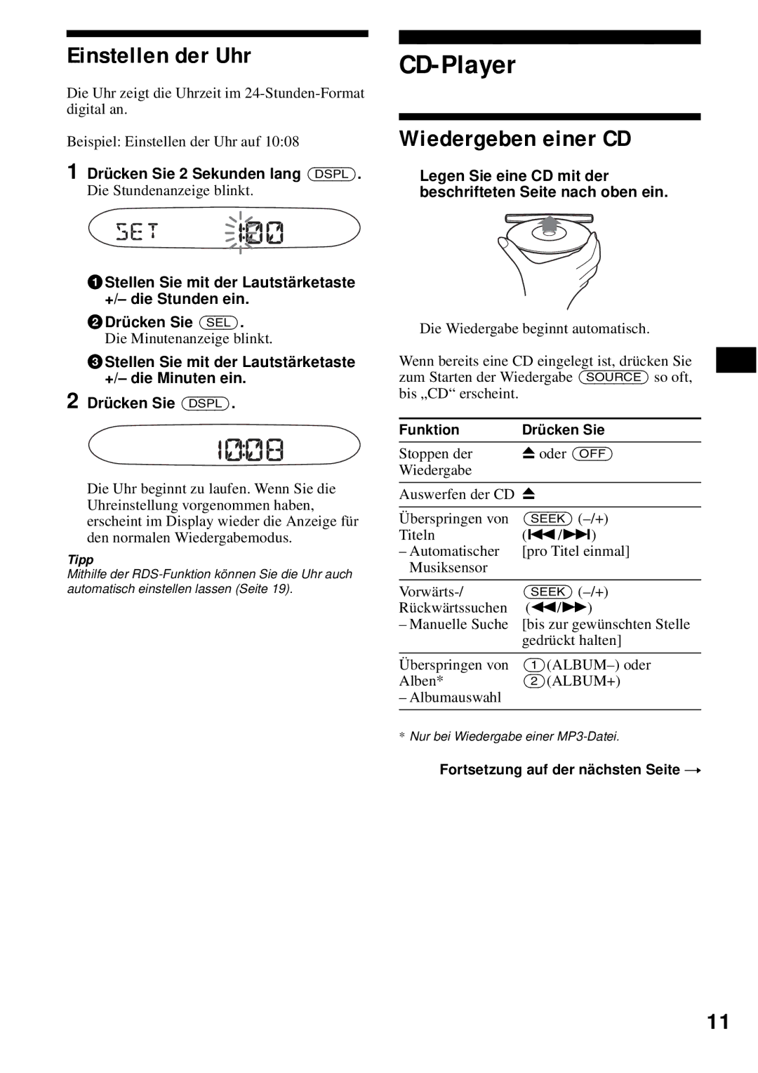 Sony CDX-S2200 operating instructions CD-Player, Einstellen der Uhr, Wiedergeben einer CD 