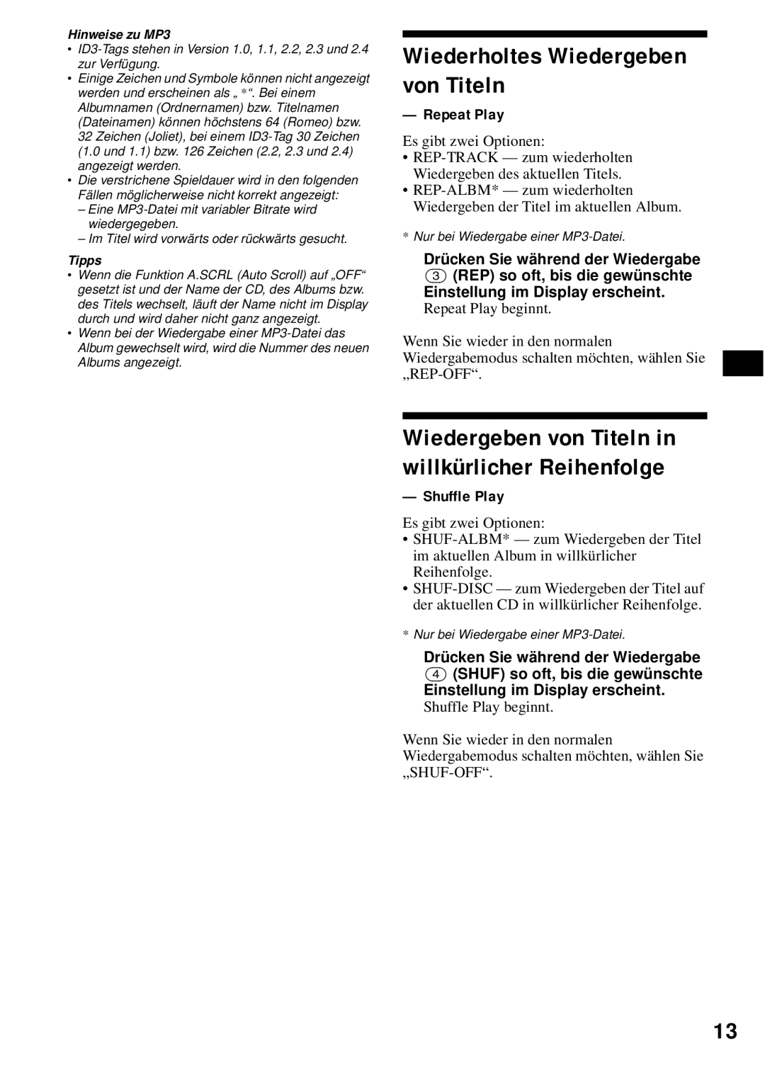 Sony CDX-S2200 Wiederholtes Wiedergeben von Titeln, Wiedergeben von Titeln in willkürlicher Reihenfolge, Hinweise zu MP3 