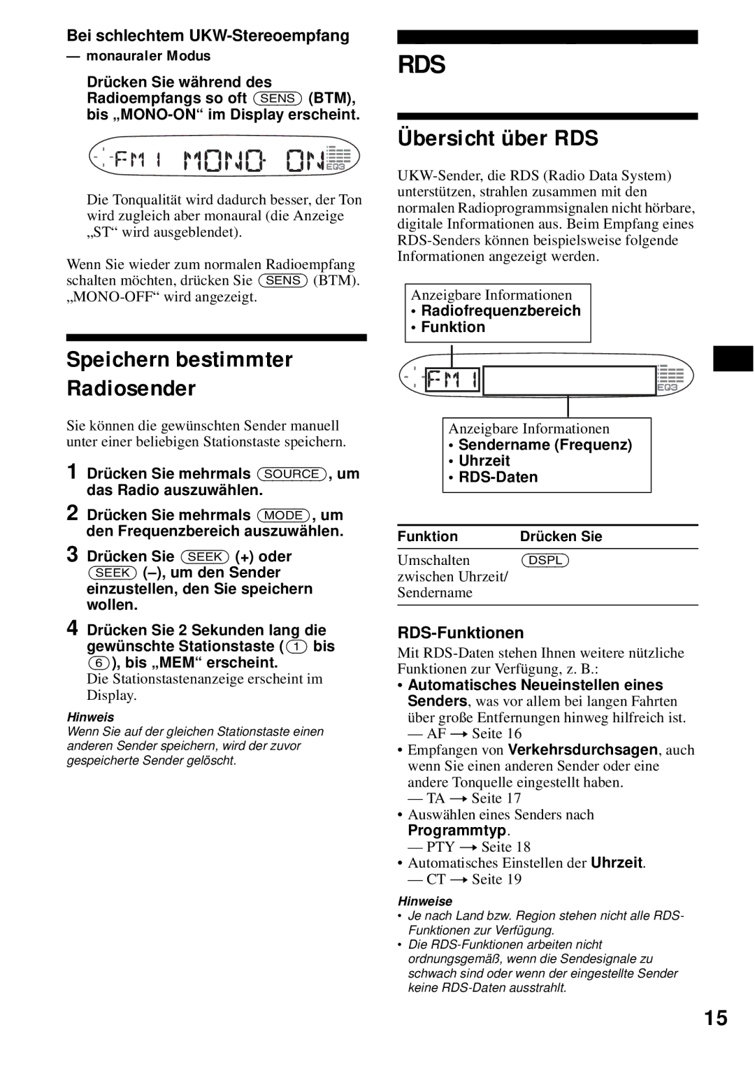 Sony CDX-S2200 Übersicht über RDS, Speichern bestimmter Radiosender, Bei schlechtem UKW-Stereoempfang Monauraler Modus 