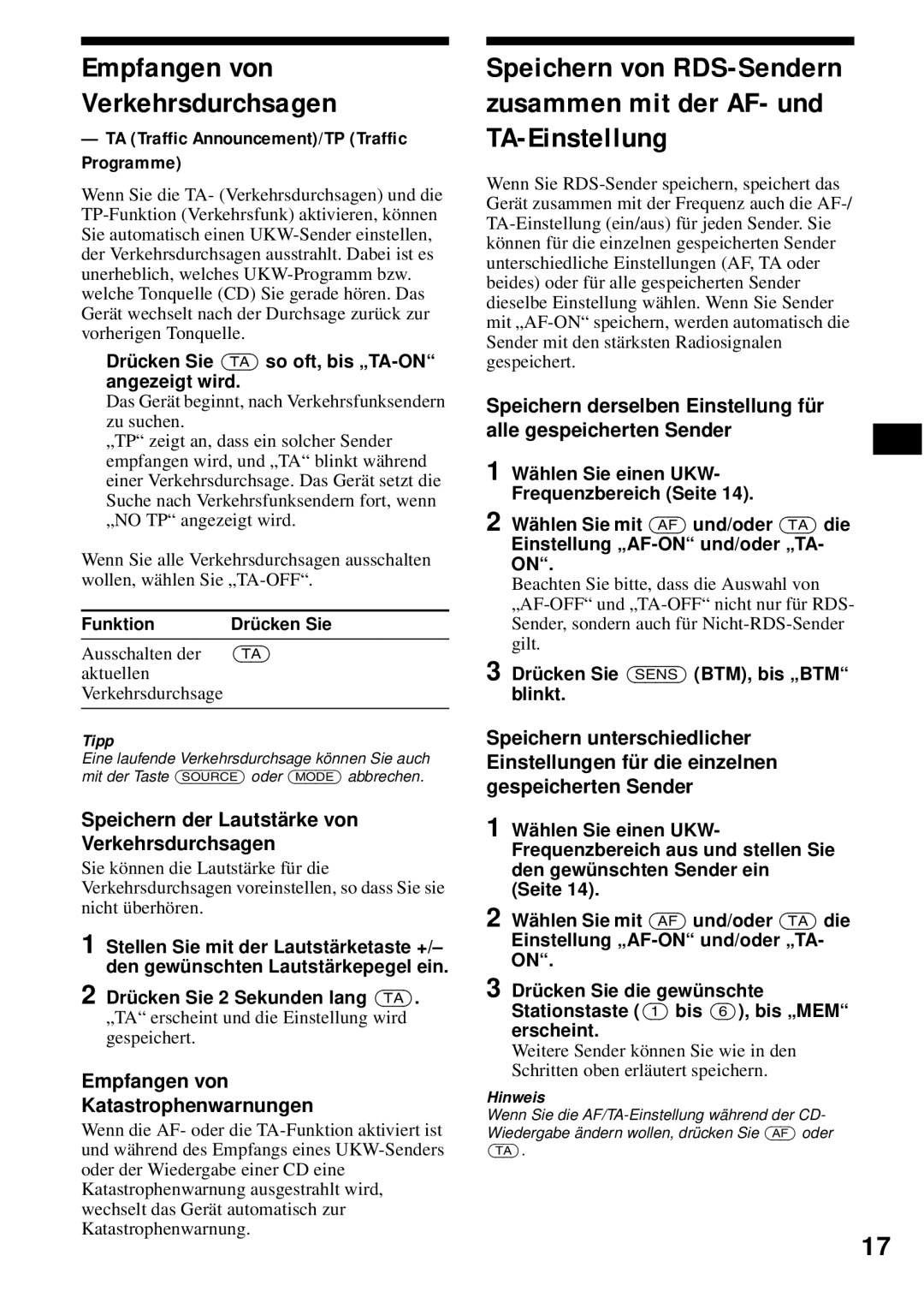 Sony CDX-S2200 operating instructions Empfangen von Verkehrsdurchsagen, Speichern der Lautstärke von Verkehrsdurchsagen 