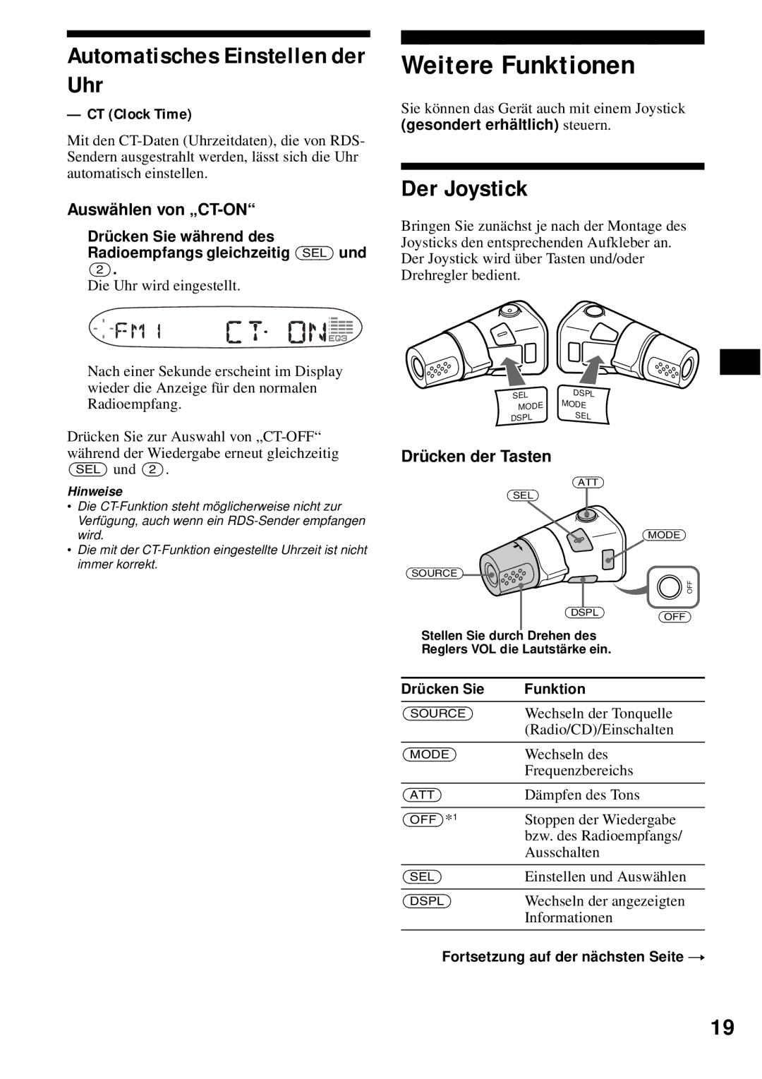 Sony CDX-S2200 Weitere Funktionen, Automatisches Einstellen der Uhr, Der Joystick, Auswählen von „CT-ON 