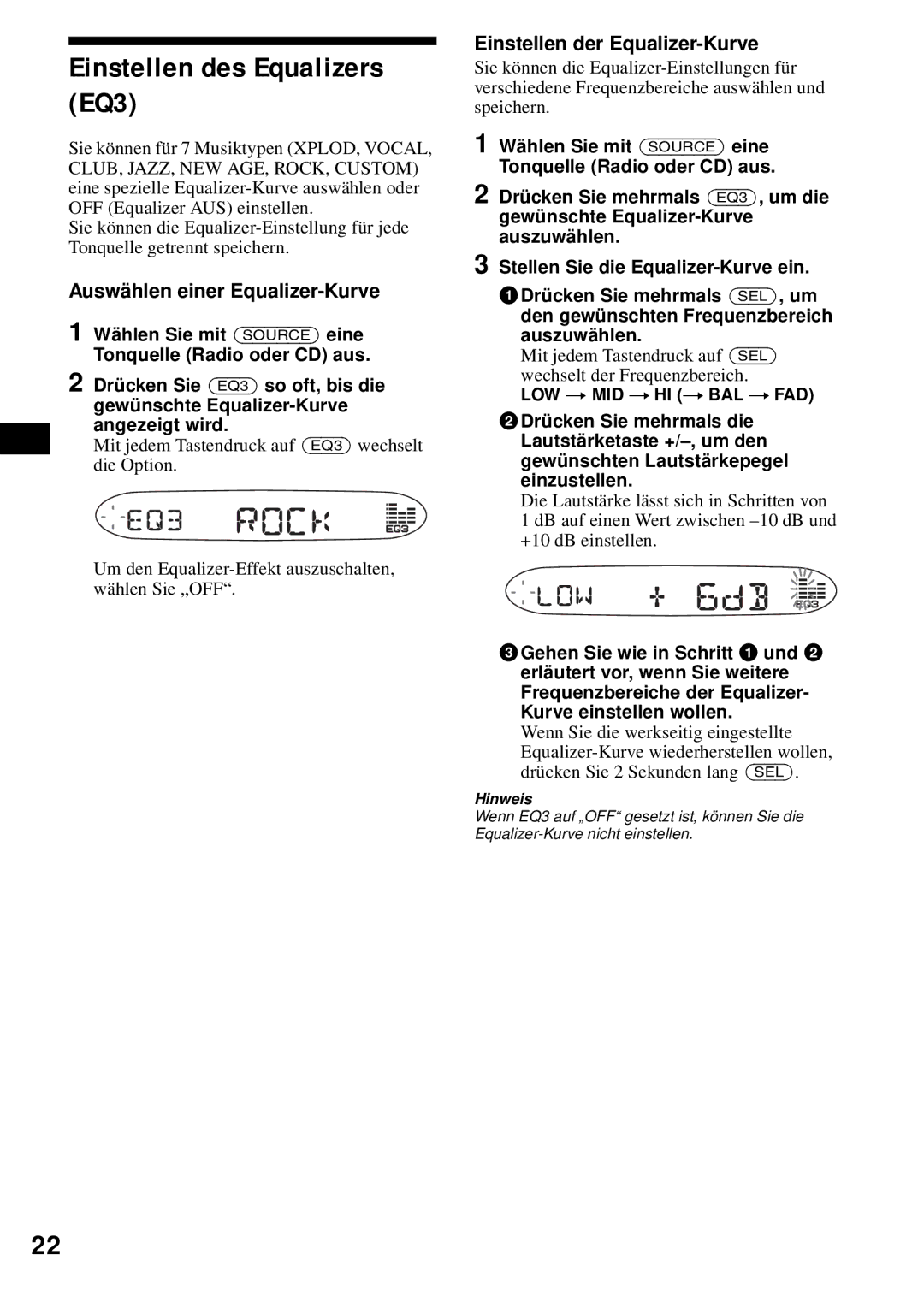 Sony CDX-S2200 Einstellen des Equalizers EQ3, Auswählen einer Equalizer-Kurve, Einstellen der Equalizer-Kurve 