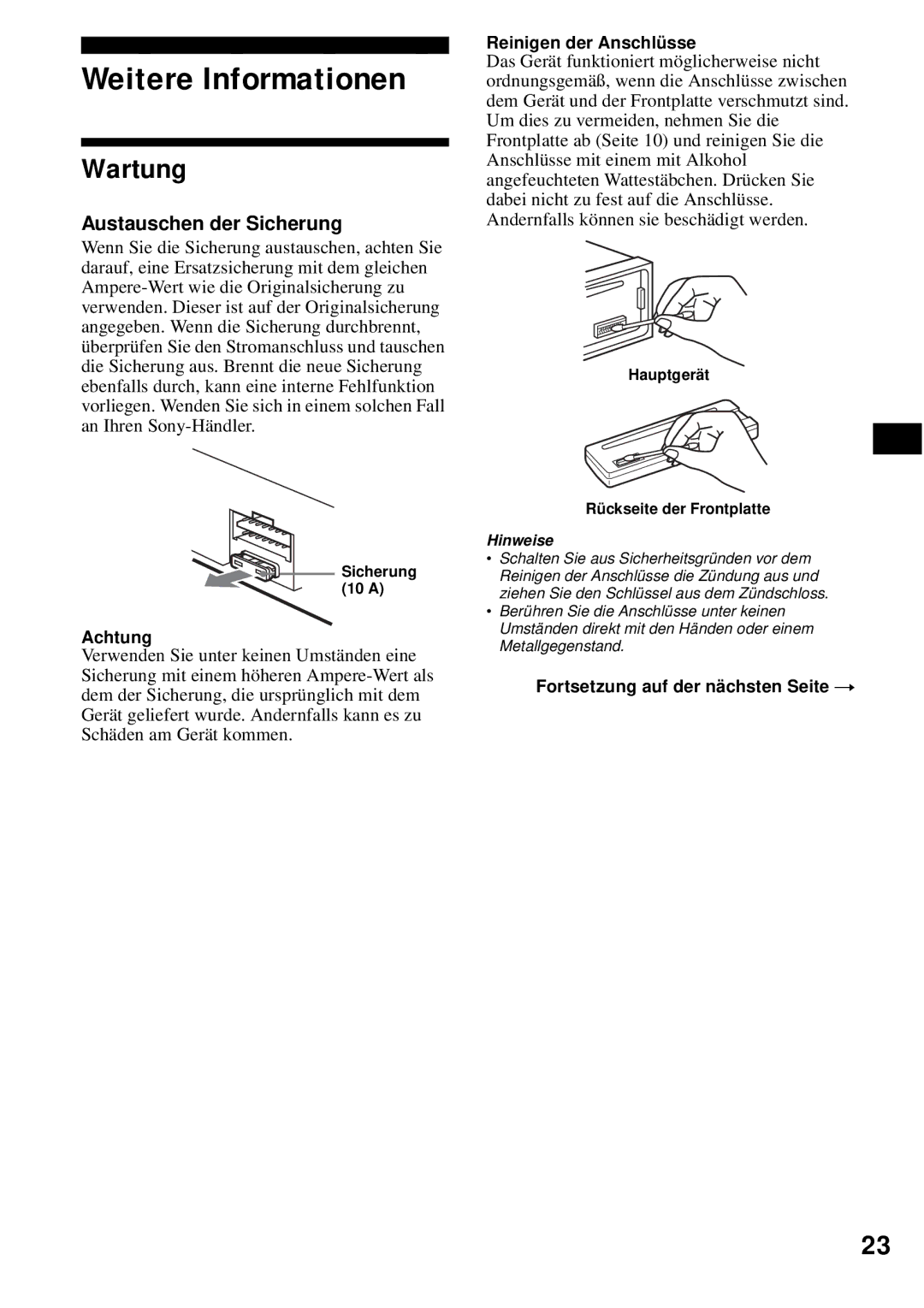 Sony CDX-S2200 operating instructions Weitere Informationen, Wartung, Austauschen der Sicherung, Reinigen der Anschlüsse 