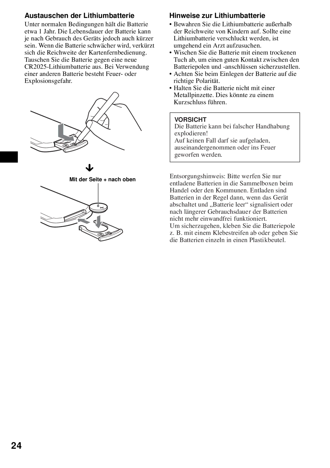 Sony CDX-S2200 operating instructions Austauschen der Lithiumbatterie, Hinweise zur Lithiumbatterie 