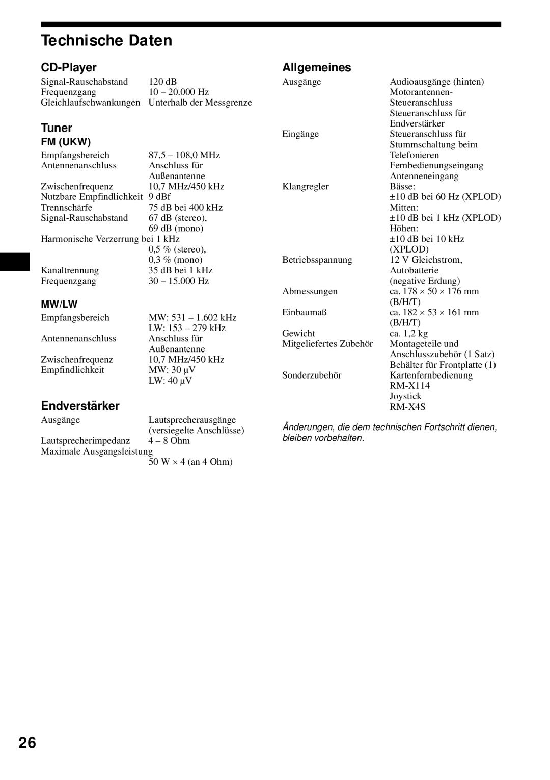 Sony CDX-S2200 operating instructions Technische Daten, CD-Player, Tuner, Endverstärker, Allgemeines 