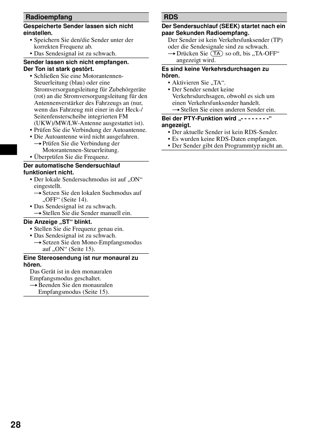 Sony CDX-S2200 operating instructions Radioempfang 