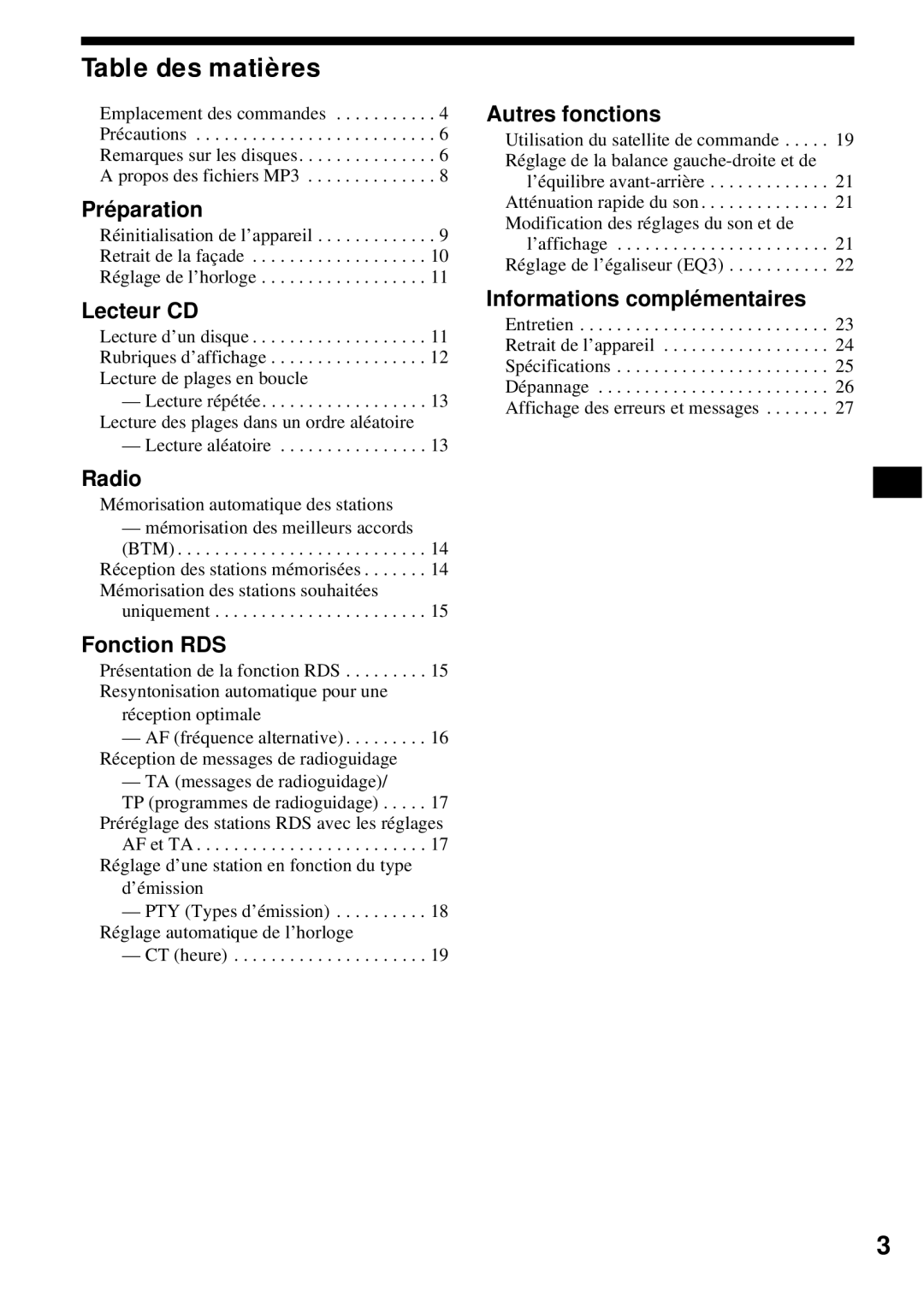 Sony CDX-S2200 operating instructions Table des matières, Mémorisation automatique des stations 