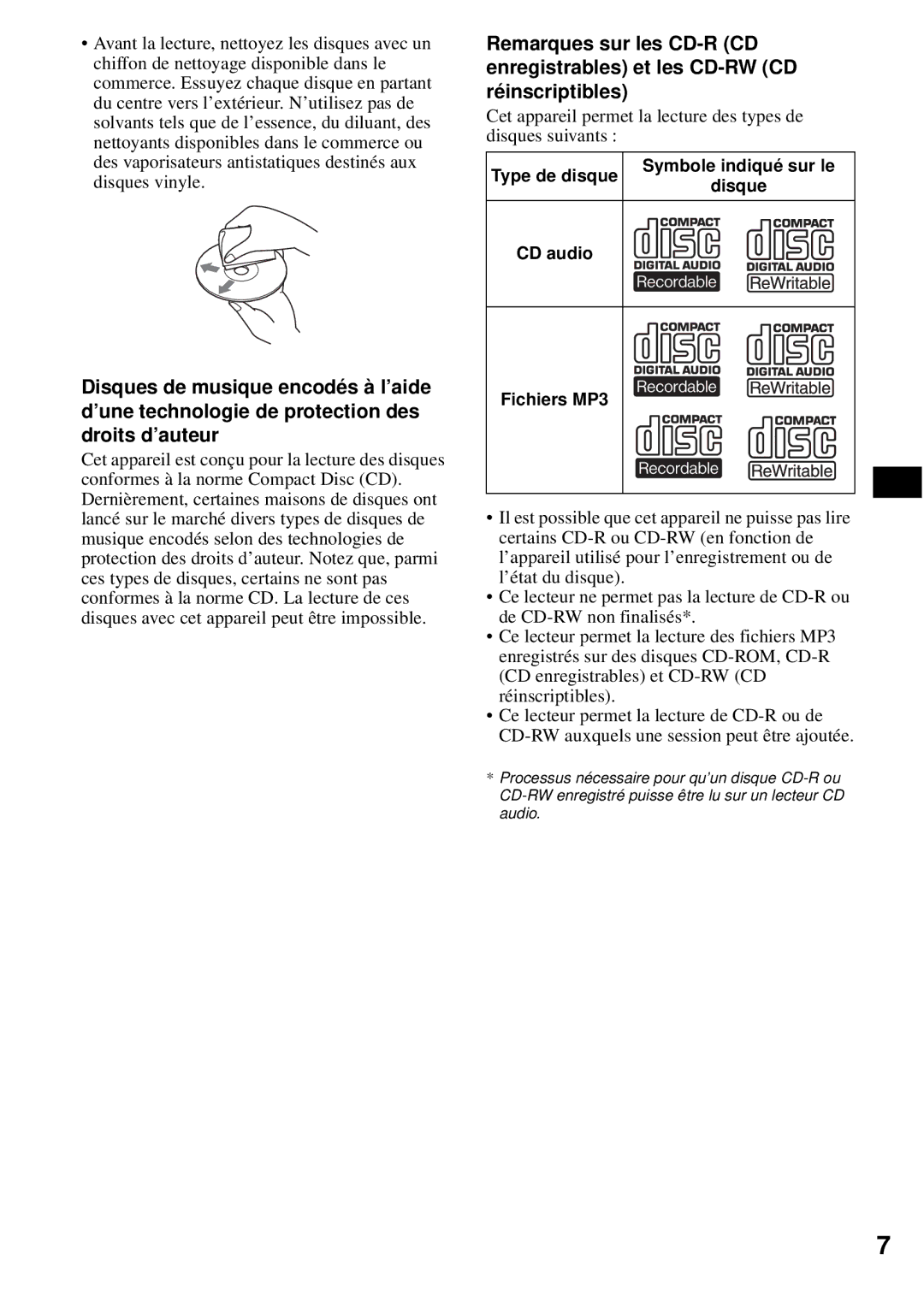 Sony CDX-S2200 operating instructions Cet appareil permet la lecture des types de disques suivants, Fichiers MP3 