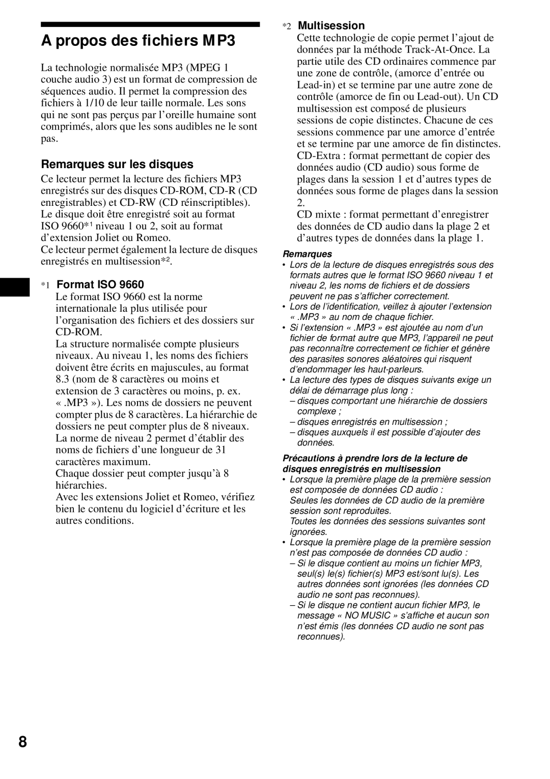 Sony CDX-S2200 operating instructions Propos des fichiers MP3, Remarques sur les disques, Multisession 