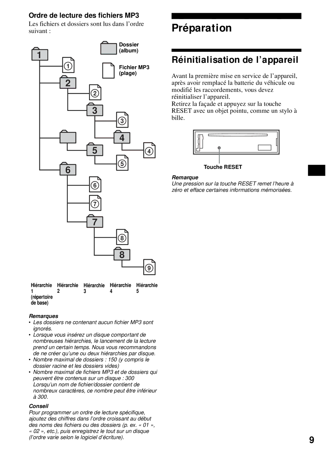 Sony CDX-S2200 operating instructions Préparation, Réinitialisation de l’appareil, Ordre de lecture des fichiers MP3 