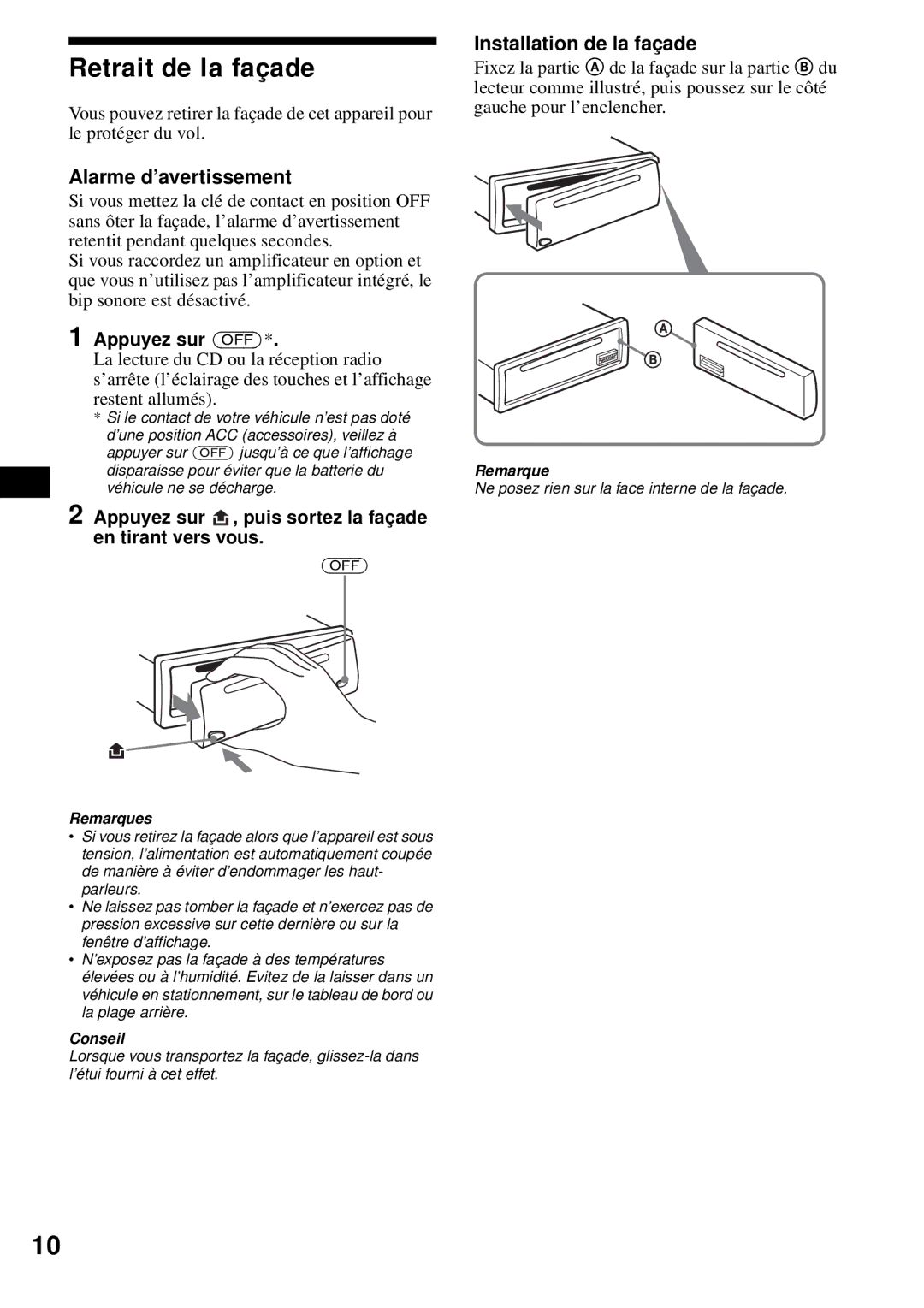 Sony CDX-S2200 Retrait de la façade, Alarme d’avertissement, Installation de la façade, Appuyez sur OFF 