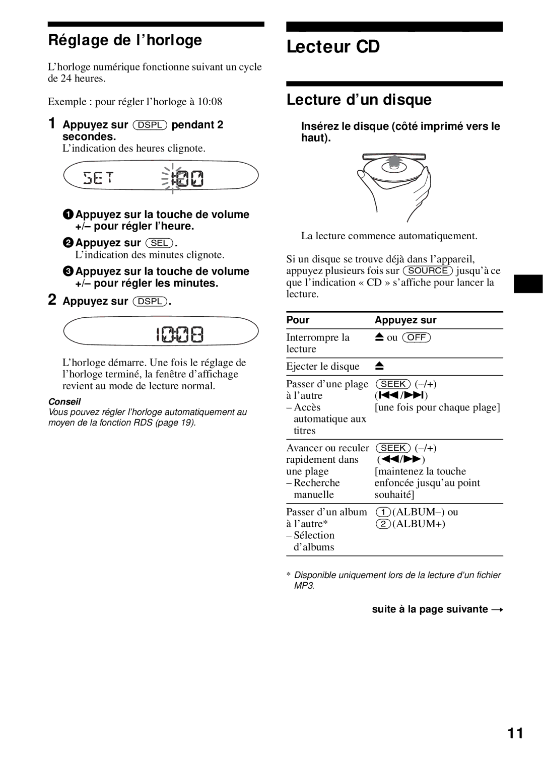 Sony CDX-S2200 operating instructions Lecteur CD, Réglage de l’horloge, Lecture d’un disque 