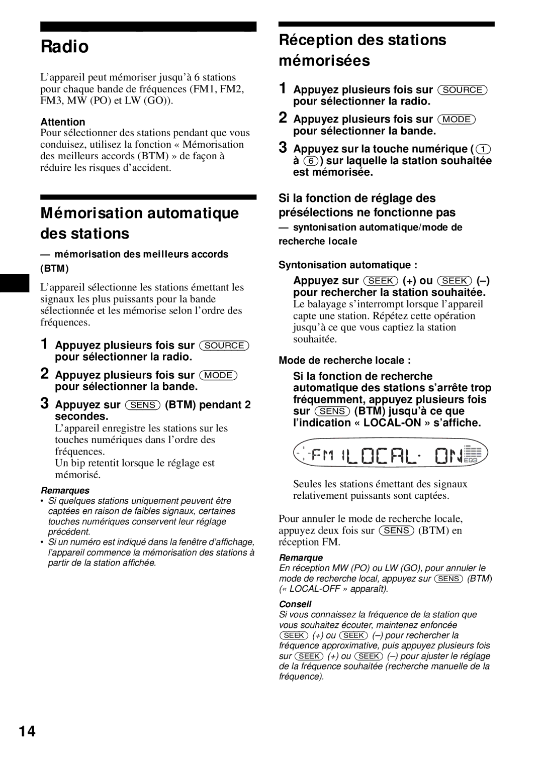 Sony CDX-S2200 operating instructions Mémorisation automatique des stations, Réception des stations mémorisées 