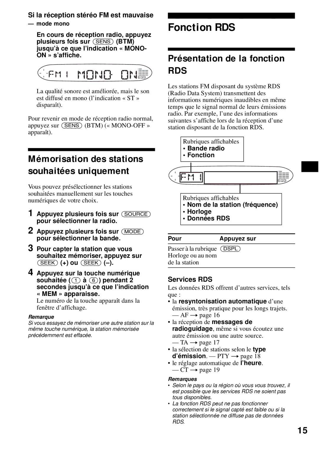 Sony CDX-S2200 Fonction RDS, Présentation de la fonction, Mémorisation des stations souhaitées uniquement, Services RDS 