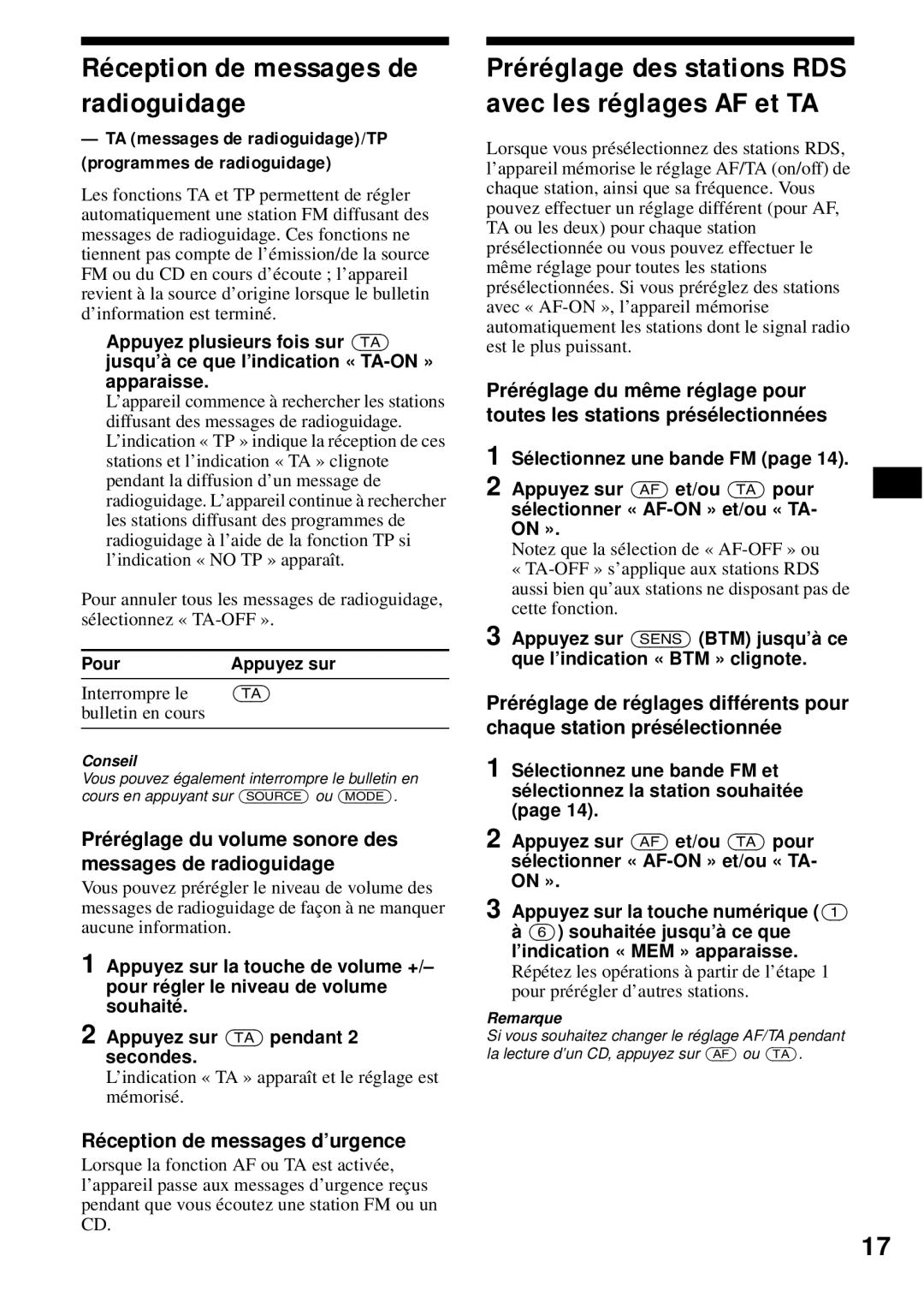 Sony CDX-S2200 Réception de messages de radioguidage, Préréglage du volume sonore des messages de radioguidage 