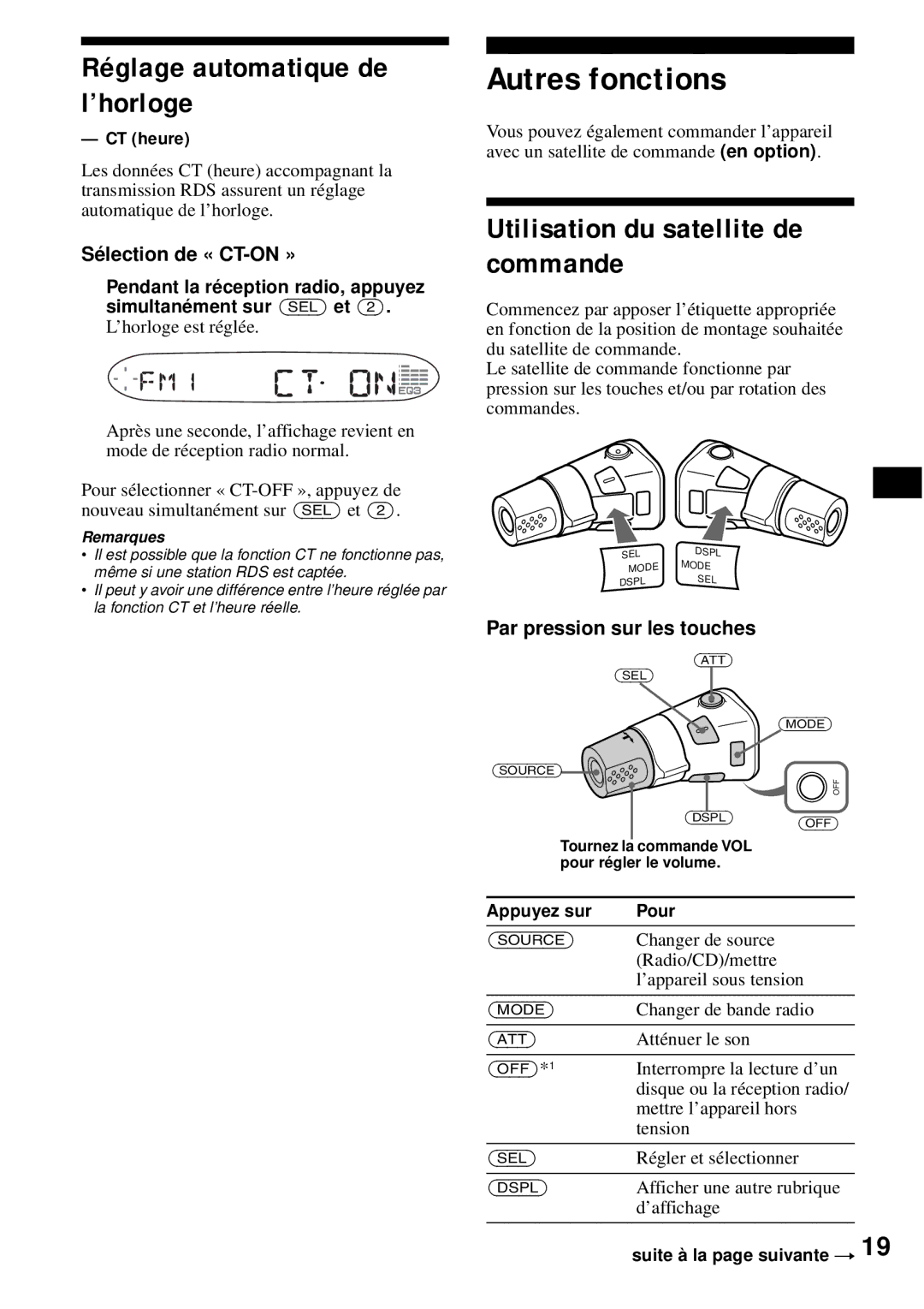 Sony CDX-S2200 Autres fonctions, Utilisation du satellite de commande, Réglage automatique de l’horloge 