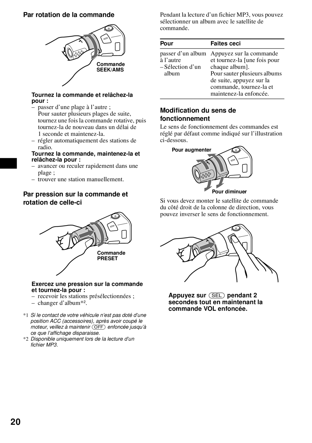 Sony CDX-S2200 operating instructions Par rotation de la commande, Par pression sur la commande et rotation de celle-ci 