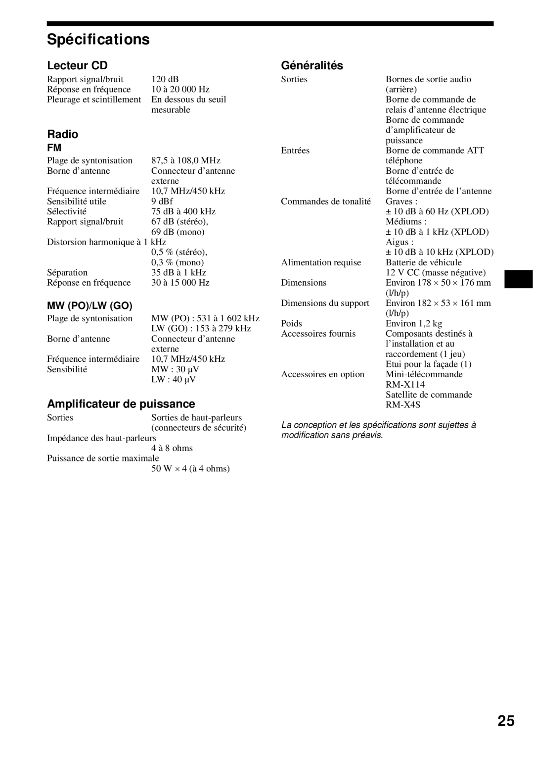 Sony CDX-S2200 operating instructions Spécifications, Lecteur CD, Radio, Amplificateur de puissance, Généralités 