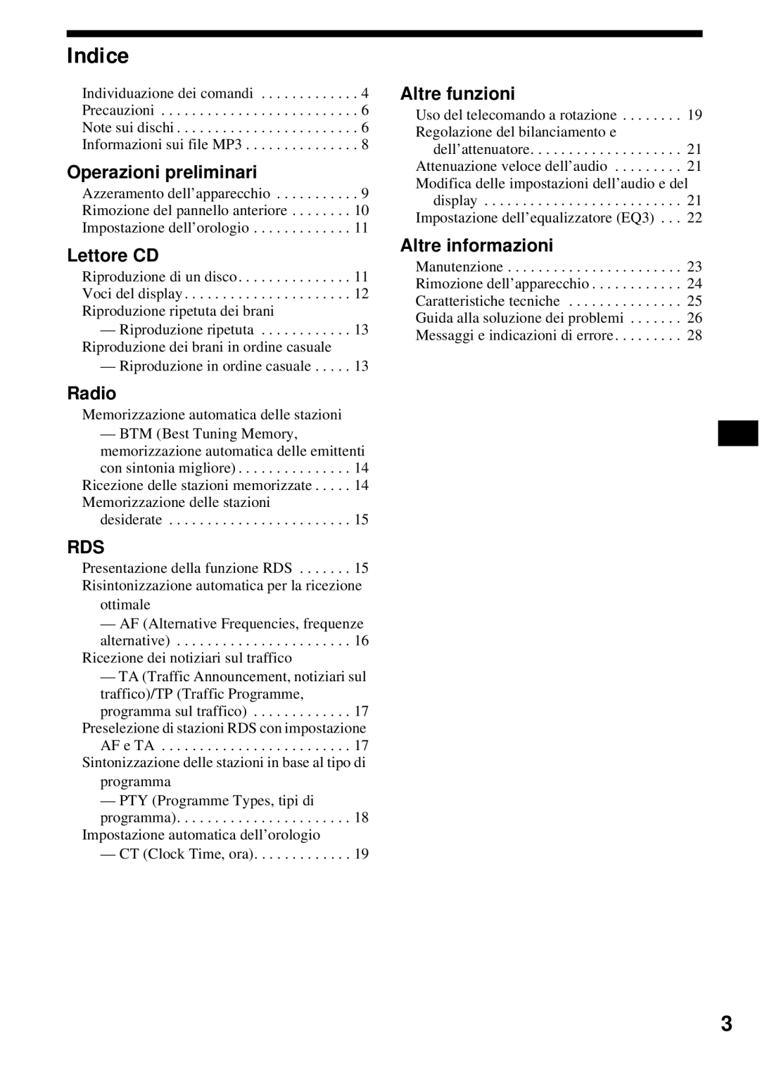 Sony CDX-S2200 operating instructions Indice, Memorizzazione automatica delle stazioni, Desiderate 