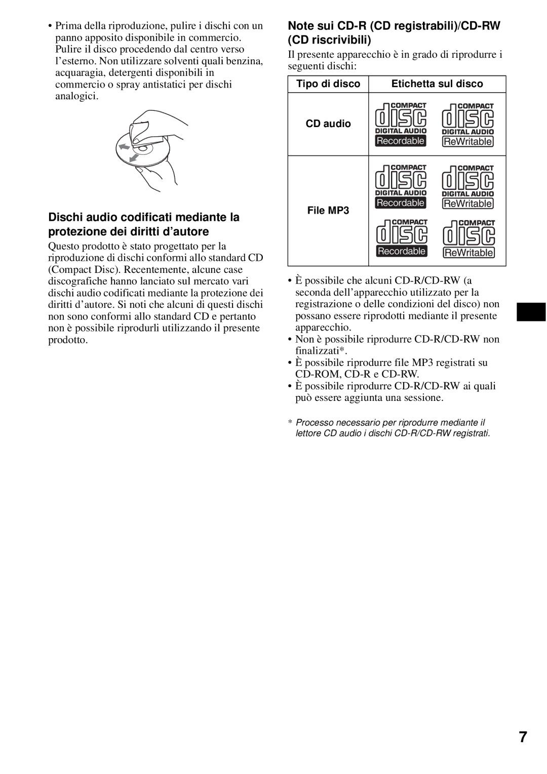 Sony CDX-S2200 operating instructions Tipo di disco, CD audio File MP3 