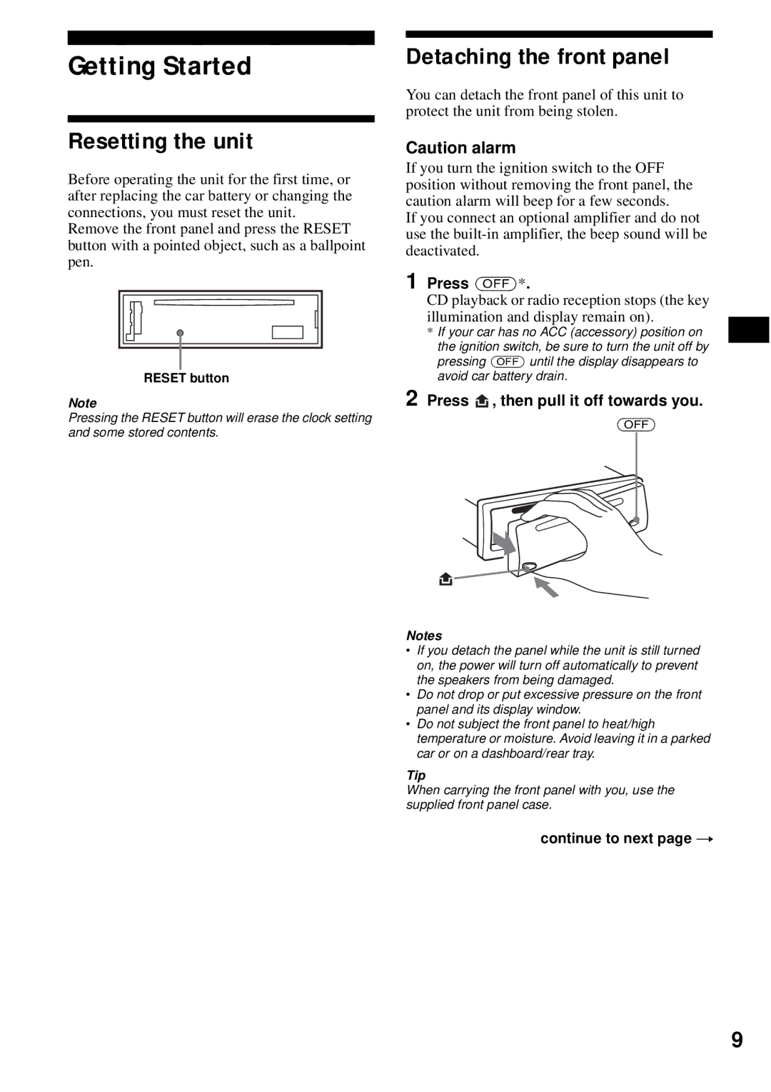 Sony CDX-S2200 operating instructions Getting Started, Resetting the unit, Detaching the front panel, Press OFF 