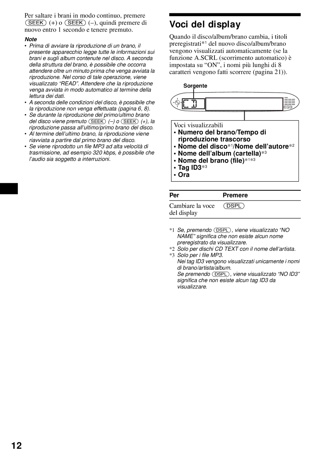 Sony CDX-S2200 operating instructions Voci del display, Voci visualizzabili, Cambiare la voce Dspl del display 