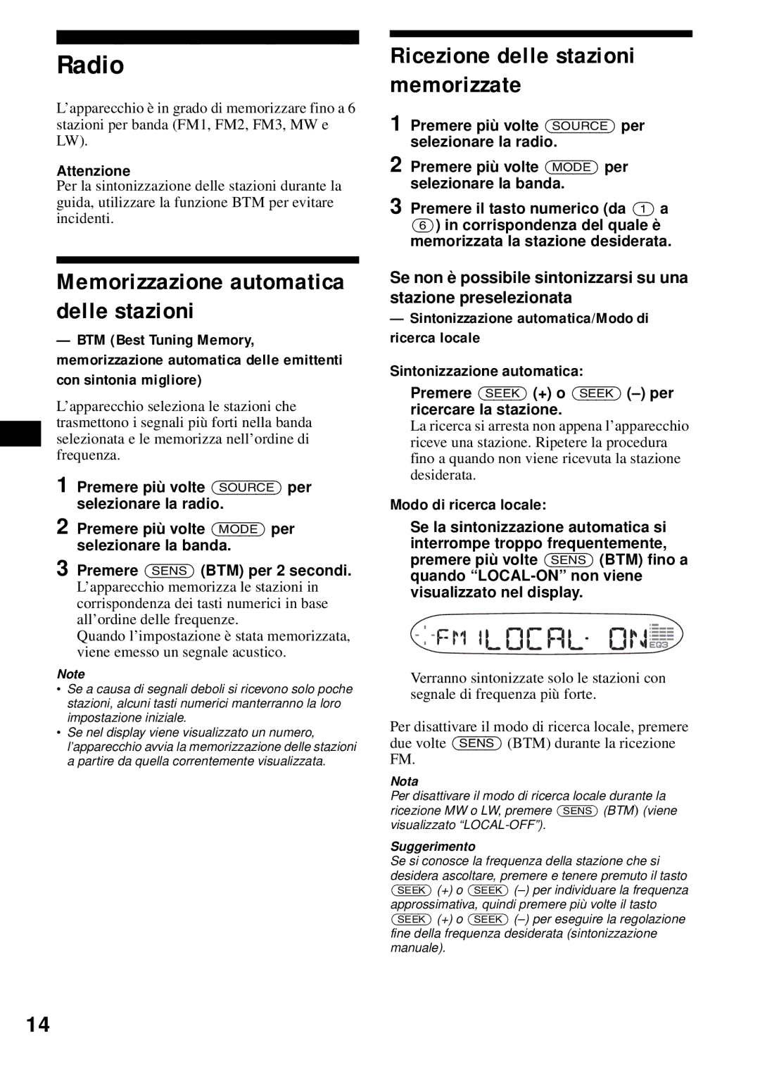 Sony CDX-S2200 Ricezione delle stazioni memorizzate, Memorizzazione automatica delle stazioni, Attenzione 