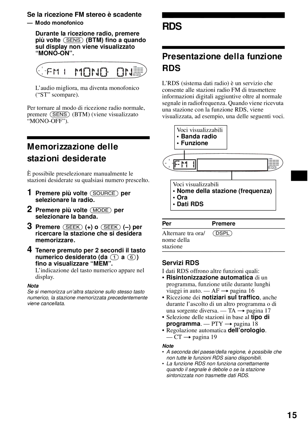 Sony CDX-S2200 operating instructions Presentazione della funzione, Memorizzazione delle stazioni desiderate, Servizi RDS 