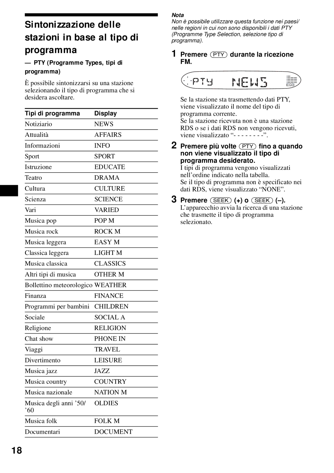 Sony CDX-S2200 Sintonizzazione delle stazioni in base al tipo di programma, PTY Programme Types, tipi di programma 