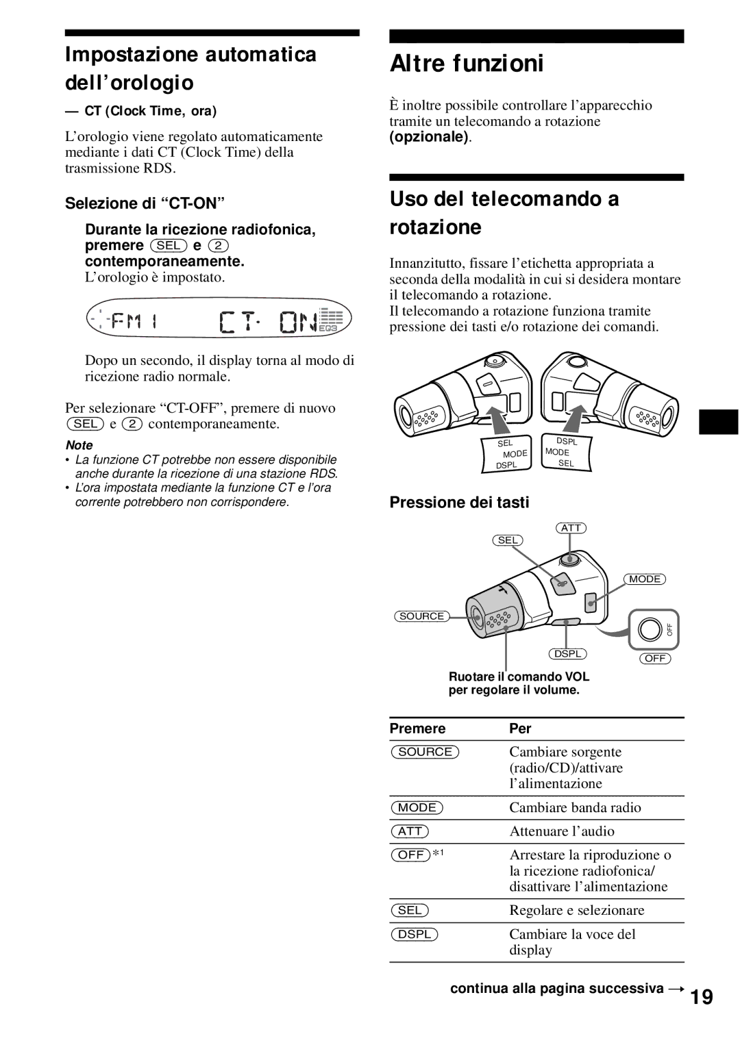 Sony CDX-S2200 Altre funzioni, Impostazione automatica dell’orologio, Uso del telecomando a rotazione 