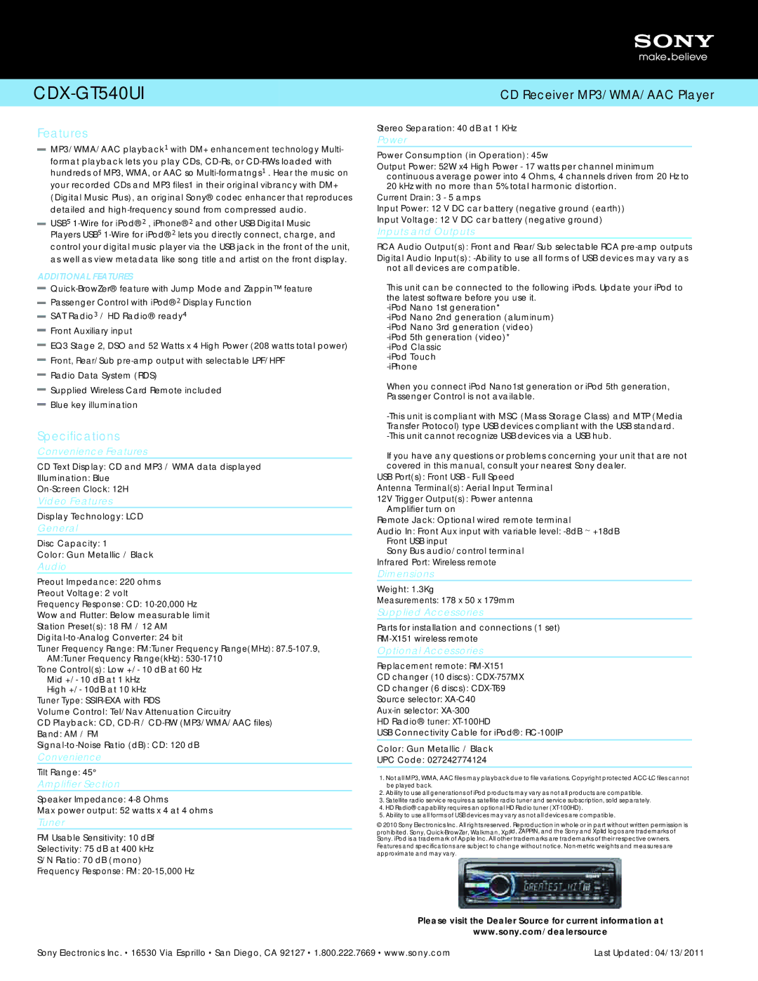 Sony CDXGT540UI manual Features, Specifications 